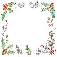 Fototapeta premium Watercolor Holly and Berry Corner Frame with Outline