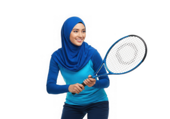 Young muslim woman in hijab playing tennis a racket, isolated on transparent background
