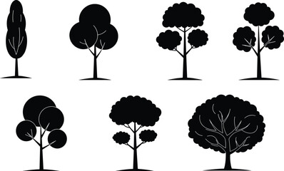 Tree silhouettes, black foliage icons, nature shapes, forest elements, botanical clipart, landscape design, vector trees, isolated, minimal, decorative