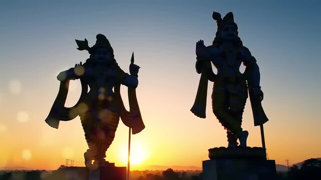 Sunrise silhouettes of Hindu deities.