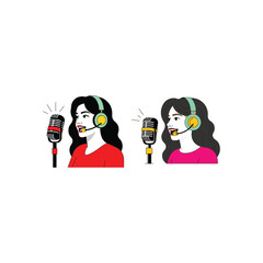 Illustration of two podcasters with headphones and microphones are speaking into the microphone