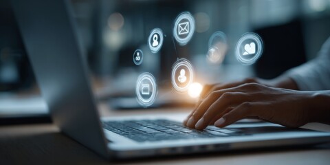 Person Working on Laptop with Digital Interface and Social Media Icons in Modern Office Environment