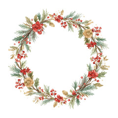 Fototapeta premium Watercolor Vintage Christmas Wreath with Pine Cones and Berries