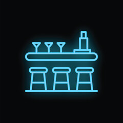 Blue neon sign depicting a bar counter with stools and martini glasses on a black background