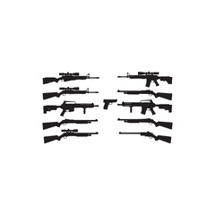 Illustration of silhouette of various firearms, including rifles, pistols, and assault weapons, arranged symmetrically