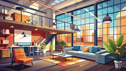 Realistic vector of contemporary loft apartment with natural light, wide windows, minimalist furniture, industrial details, cozy calm mood, modern architecture © koushkij
