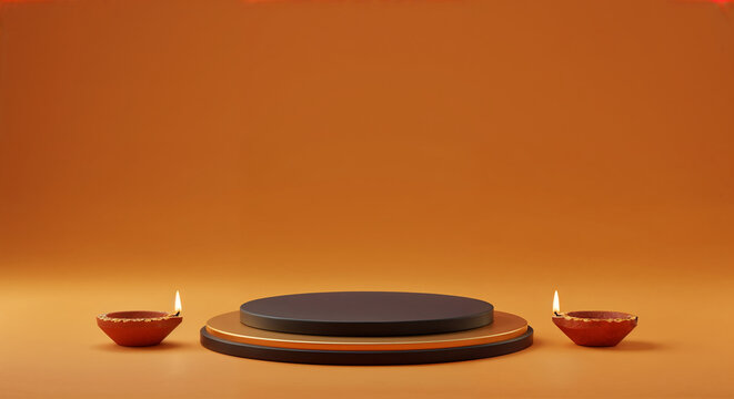 Minimalist Diwali Diya and Pedestal with Orange Background natural freepik