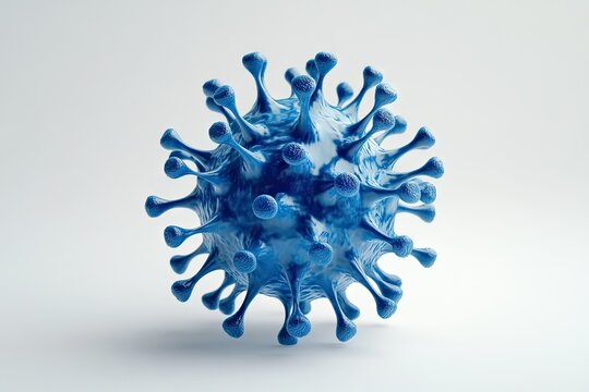 3D model of a virus, vibrant blue sphere with spiky protrusions, on a plain white background