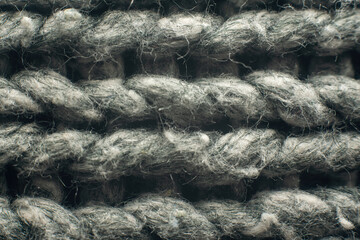 Macro texture of grey wool knit, close-up of the fibers and threads of the fabric