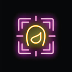 Yellow neon sign representing a facial recognition system scanning a woman's face on a black background