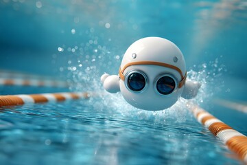 Cute Robot Character Swimming in Pool with Splashes and Bright Water