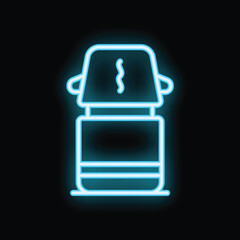 Blue neon sign representing a coffee machine making a hot beverage, on a black background