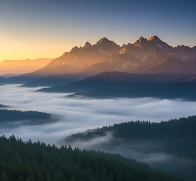 Misty Mountain Landscape with Golden Sunrise Light