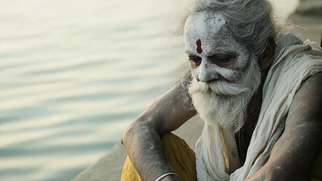 An elderly man with a pale complexion and long white beard, suitable for use in scenes about winter, aging, or mysticism