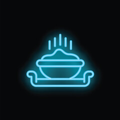 Neon sign of a steaming hot bowl of food on a restaurant counter is glowing in the dark
