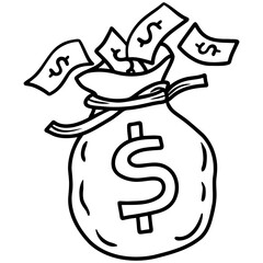 Spilled money bag hand drawn illustration