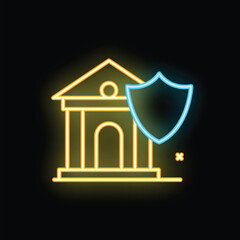 Glowing neon icon of a university building being protected by a shield at night