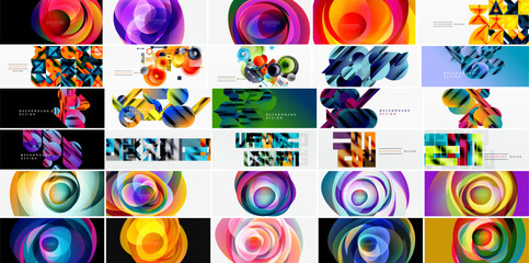 Naklejka na ściany i meble Diverse abstract backgrounds, vibrant colors, circular shapes dominate designs. Modern graphics, dynamic compositions present visual interest.