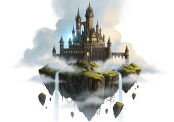 Majestic fantasy castle perched atop floating islands amidst ethereal clouds and waterfalls