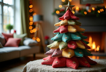 A Christmas tree made from colorful scraps of fabric, a cozy interior, soft lighting