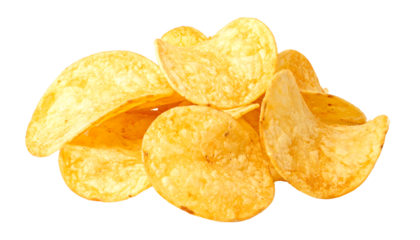 A small pile of golden brown potato chips with varying shades and textures, arranged irregularly, isolated on white