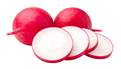 Two whole radishes and four radish slices with pink skin and white flesh, isolated on white, transparent png