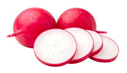 Two whole radishes and four radish slices with pink skin and white flesh, isolated on white, transparent png