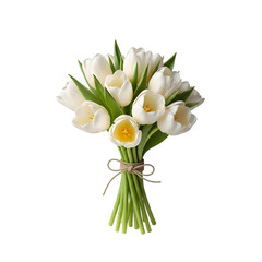 Bouquet of White Tulips Tied with String Isolated on White or Transparent Background