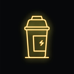 Yellow neon sign illustrating a protein shake with a lightning icon, conveying a concept of energy and power