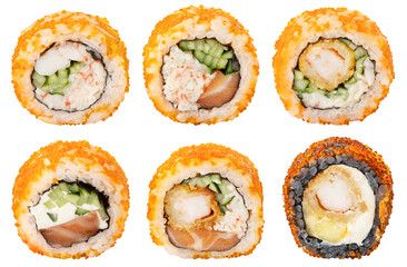 Collection of different sushi rolls. California maki type rolls (cheese, crab meat, cucumber, avocado, shrimp, nori, tobiko roe) isolated on white background