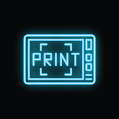 Bright glowing blue neon icon of a print screen button on a black background