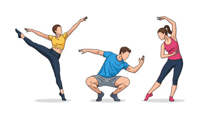 Fototapeta premium Diverse Workout Illustrations Dynamic People Engaging in Various Fitness Activities with Fluid Poses
