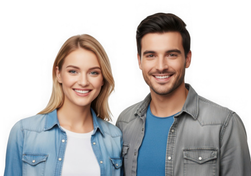 Smiling couple,  man and  woman, wearing denim shirts isolated on transparent background - Powered by Adobe
