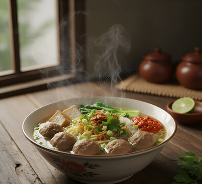 A Bowl of Indonesian Meatball Soup on Wooden Table with Natural Light