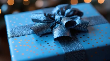A blue gift box wrapped with a silver bow, perfect for presents or special occasions
