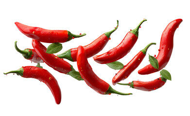 Red Chili Peppers with Green Leaves on White Background