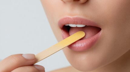 Naklejka premium Close-up of a young Caucasian woman with light pink lips holding a wooden stick near her mouth. The background is neutral and soft.