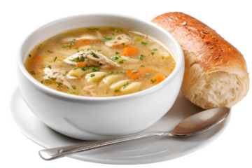 Hearty chicken noodle soup with fresh bread, a comforting and delicious meal.