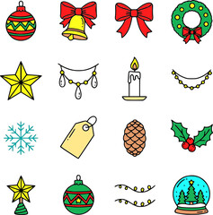 Colorful winter and Christmas vector icons in modern outline style. This festive bundle includes classic holiday symbols such as snowflake, christmas star, and others