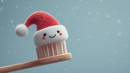 A cute toothbrush with a smiling Santa hat design. The background features soft falling snowflakes, creating a festive winter atmosphere.