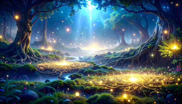 A magical forest scene with a mysterious glow beneath your feet