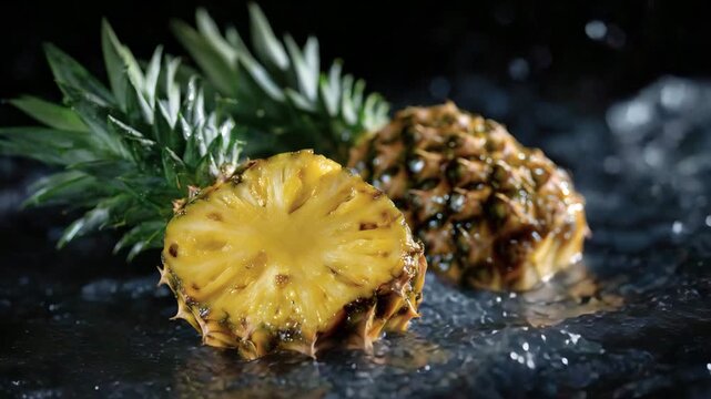 181Fresh pineapple and mango sliced mid-air, bursting through crystal-clear water splash, bright tropical lighting highlighting juicy textures