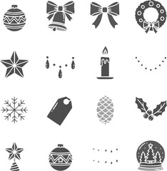 Flat black winter & Christmas vector icons, designed in minimalist silhouette style. This festive holiday bundle features classic Christmas symbols including a tree, Santa hat, candy cane, and others