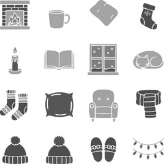 Flat black winter & Christmas vector icons, designed in minimalist silhouette style. This festive holiday bundle features classic Christmas symbols including a tree, Santa hat, candy cane, and others