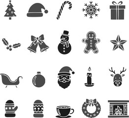 Flat black winter & Christmas vector icons, designed in minimalist silhouette style. This festive holiday bundle features classic Christmas symbols including a tree, Santa hat, candy cane, and others