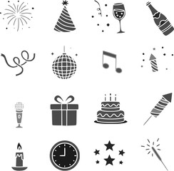 Flat black winter & Christmas vector icons, designed in minimalist silhouette style. This festive holiday bundle features classic Christmas symbols including a tree, Santa hat, candy cane, and others