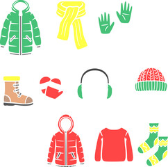 Flat color winter and Christmas vector icons, designed in a clean minimalist style. This festive icon bundle includes classic holiday elements such as Christmas tree, Santa hat, candy cane, and others