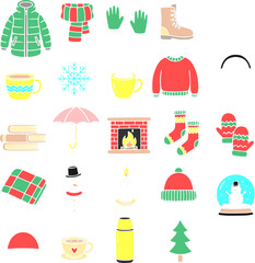 Flat color winter and Christmas vector icons, designed in a clean minimalist style. This festive icon bundle includes classic holiday elements such as Christmas tree, Santa hat, candy cane, and others