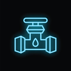 Blue neon icon of a water valve glowing on a black background