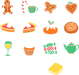 Flat color winter and Christmas vector icons, designed in a clean minimalist style. This festive icon bundle includes classic holiday elements such as Christmas tree, Santa hat, candy cane, and others